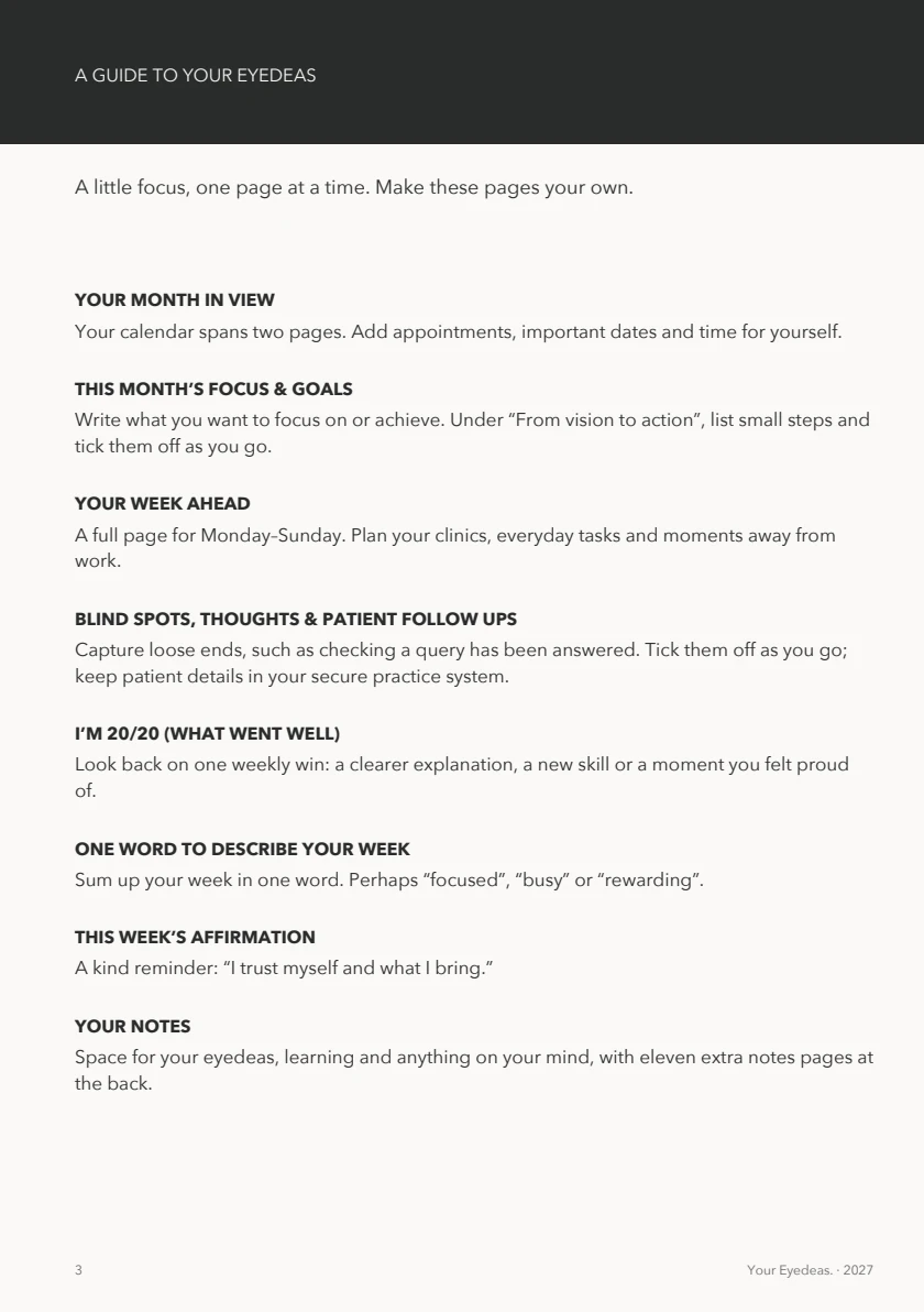 Welcome & guide, page 3 of the Bone / Ink planner