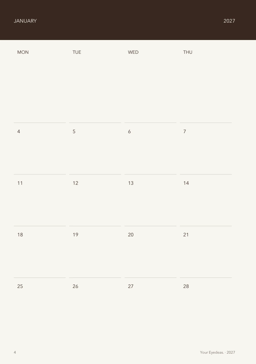 Calendar, page 4 of the Cacao / Oat planner