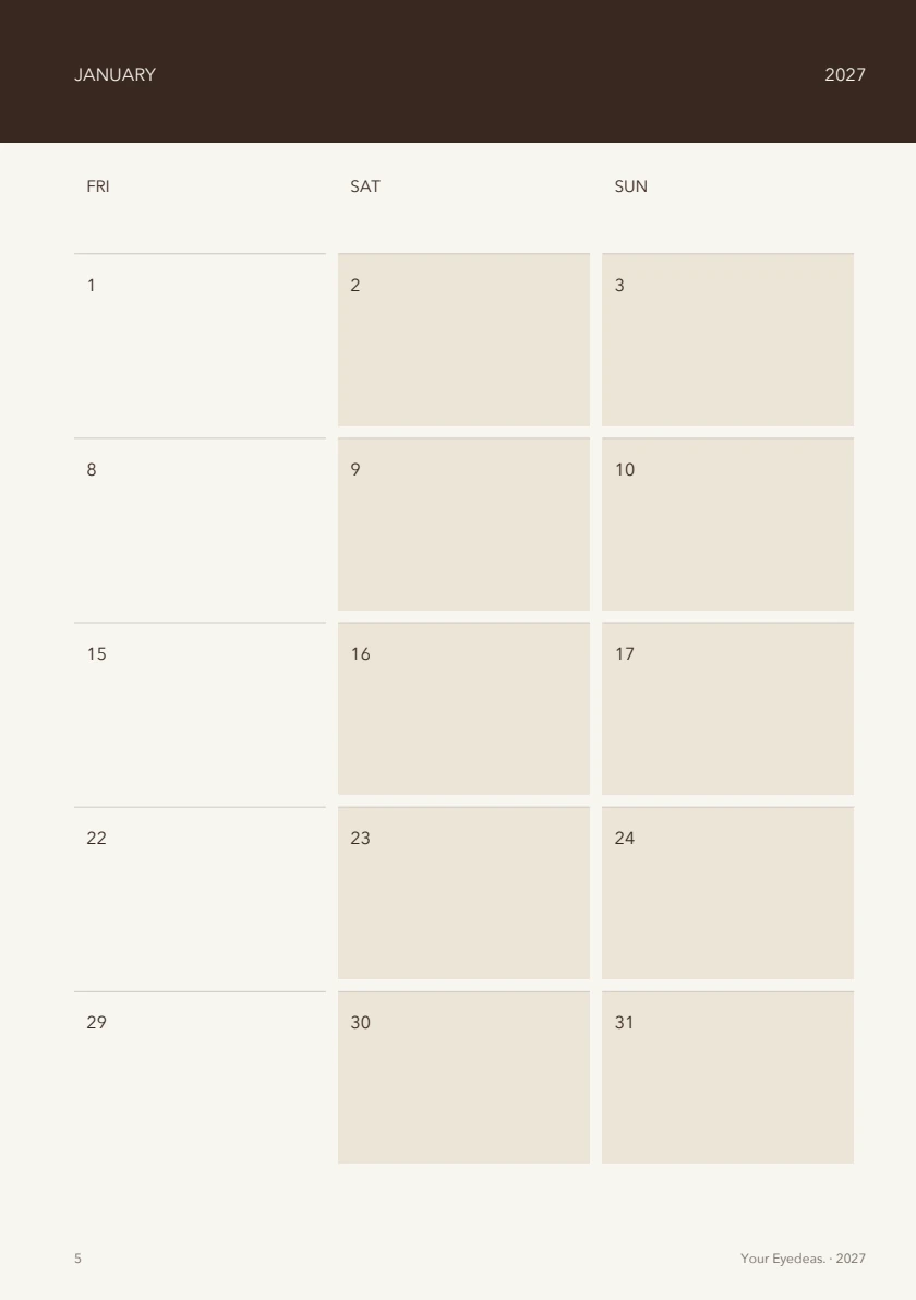 Calendar, page 5 of the Cacao / Oat planner
